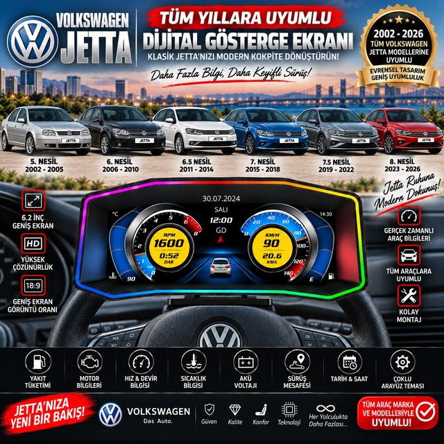 Volkswagen Jetta 2002-2026 Model Uyumlu Harici Digital Gösterge Odb Ekran Arıza Göstergesi Turbo Gösterge Hayalet Ekran