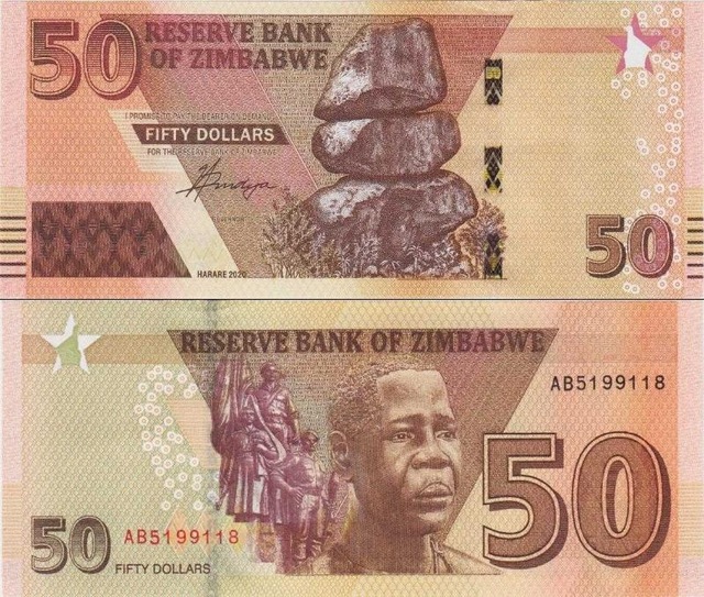 Zimbabve 50 Dolar 2020. Zimbabwe Doları. Çil Kondisyon.