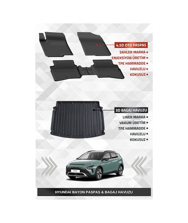 Sahler Hyundai Bayon 2021+ Uyumlu 4.5d Premium Havuzlu Paspas Ve Liner Marka 3d Bagaj Havuzu