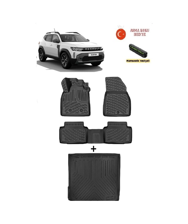 Renault Duster Eco G / E-tech / Tce 4x2 2024 Sonrası Uyumlu 3d Havuzlu Paspas Ve 3d Üst Kademe Bagaj Havuzu Seti Asma Koku Ve Numaratör Hediyeli