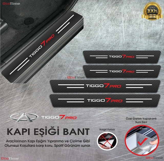 Chery Tiggo 7 Pro Logolu Karbon Kapı Eşiği Koruyucu Suni Deri 4'lü Set