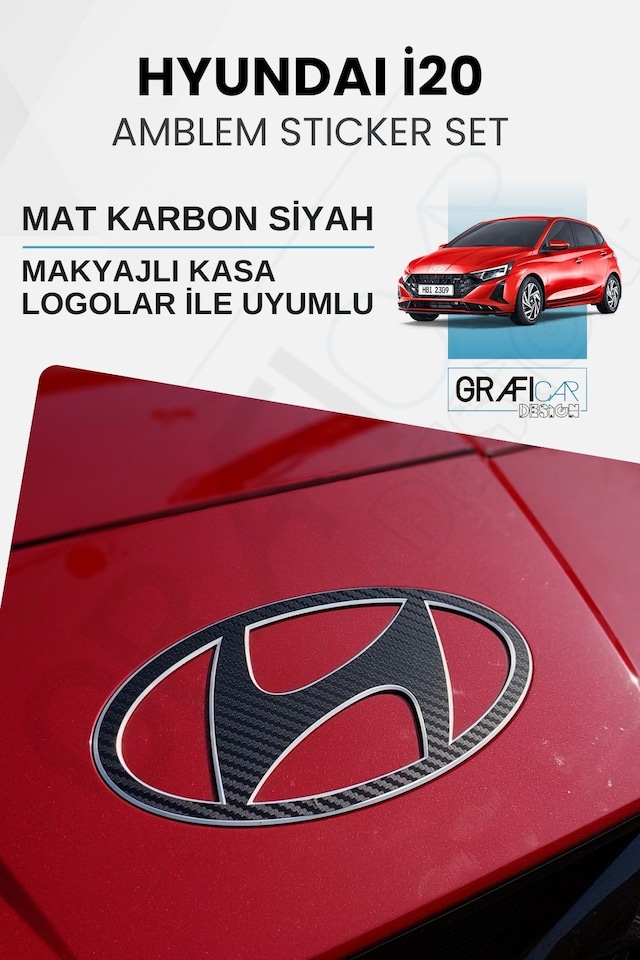 Hyundai İ20 Amblem Kaplama Sticker Set - Mat Karbon Siyah