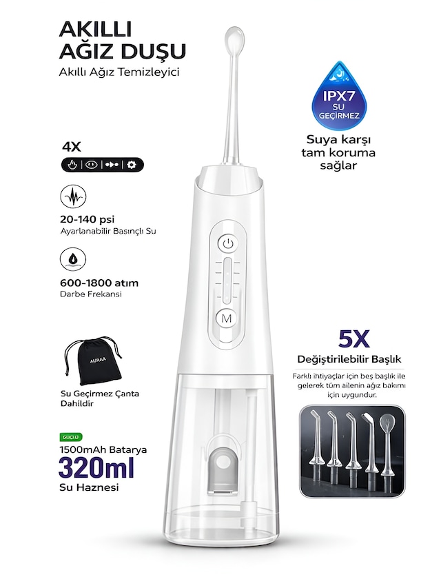 Ipx7 Ağız Duşu 320ml 5 Başlık 4 Mod 20-140 Psı Şarjlı Diş Temizleme Oral Irrigator Siyah