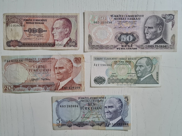 5 Adet Eski Dönem Yerli Banknot Para. 5 10 20 50 Ve 100 Türk Lira