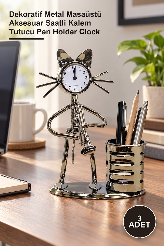 3 Adet Metal Saksafon Çalan Kedi Müzisyen Masa Saati Ve Kalemlik Dekoratif Metal Masaüstü Aksesuar Saatli Kalem Tutucu Pen Holder Clock