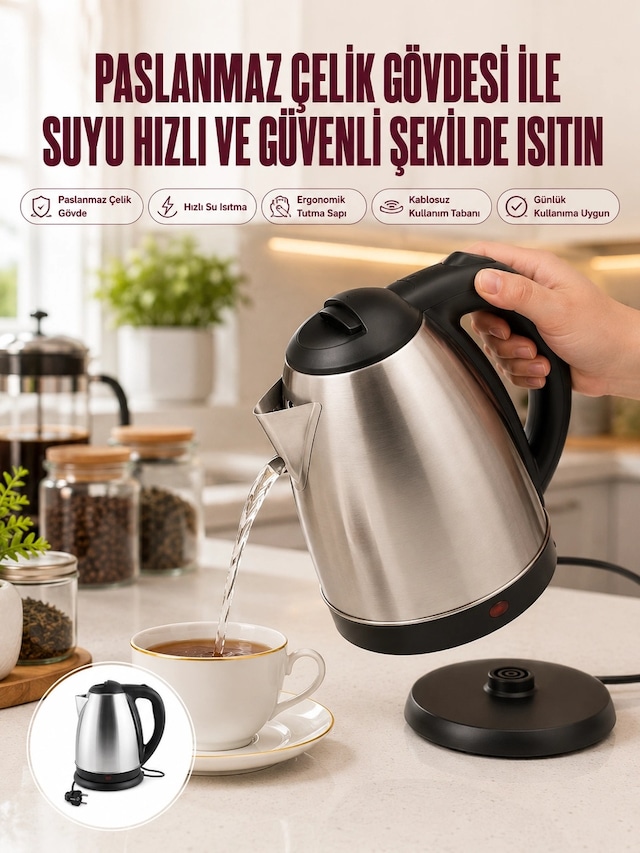 Mey İthalat Çelik Su Isıtıcı Kettle Dayanıklı Paslanmaz Çelik Uzun Ömürlü