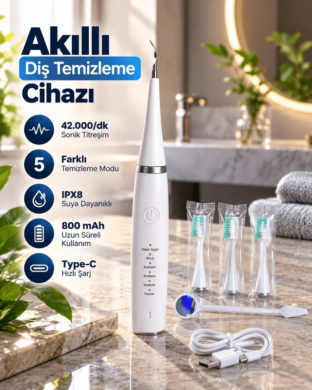 Lb Sonic Titreşimli Akıllı Diş Temizleme Cihazı Type C Şarjlı 5 Kademeli Temizleme Sistemi