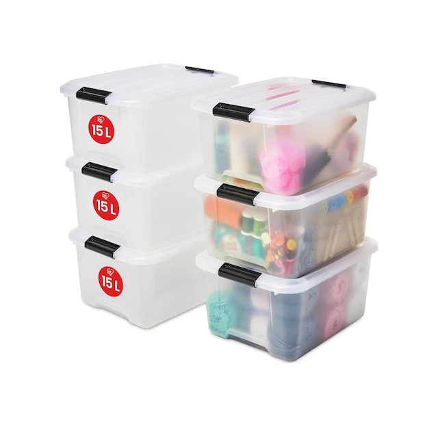 Kapaklı Plastik Saklama Kutuları, 15l, 6'lı Set, Şeffaf