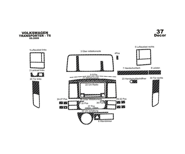 Volkswagen Transporter T6 Torpido Kaplama 2009-2014 37 Parça Karbon
