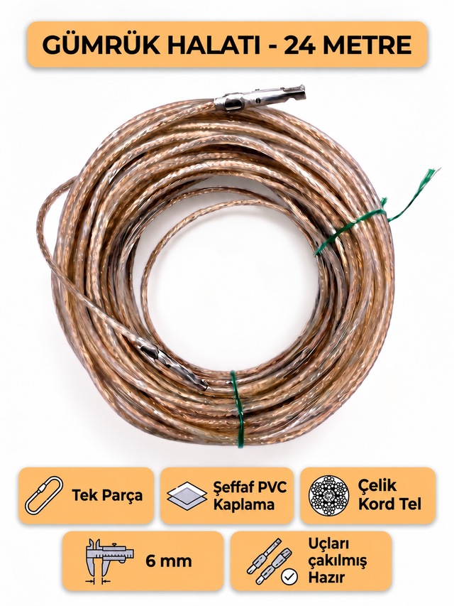 Tır Dorse Kamyon Konteyner Gümrük Halatı Galvanizli Çelik Tel 24 Metre 6mm
