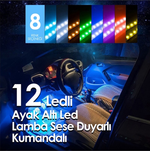 12 Ledli Ayak Altı Led Lamba Sese Ve Müziğe Duyarlı Kumandalı Led
