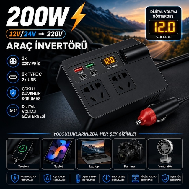 Polham 200w Araç İnvertörü 12v/24v 220v 2 Priz 2x Usb-c 2x Usb Qc 3.0 Dijital Ekranlı Şarj Güç Çoğaltıcı