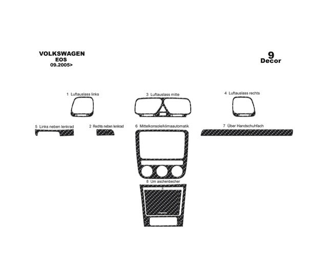 Volkswagen Eos Torpido Kaplama 2005-2010 9 Parça Karbon