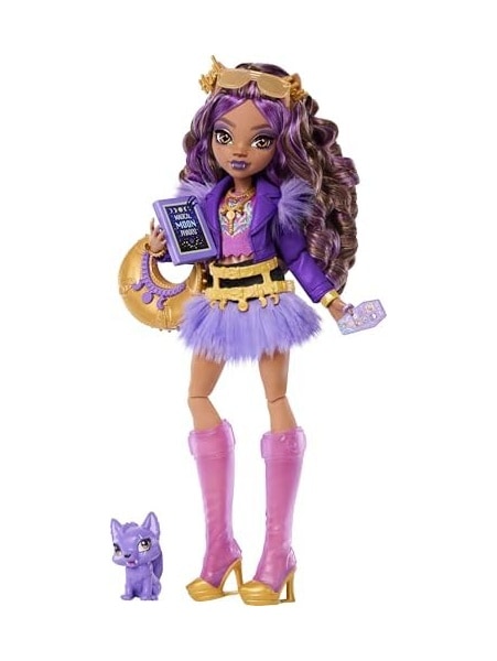 Mor Motosiklet Ceketi Ve Tüylü Etek Giyen Clawdeen Wolf Bebek, Kurt Crescent Ve Kitap, Kruvasan Ve Çanta Gibi 7 Aksesuar, Jhk30