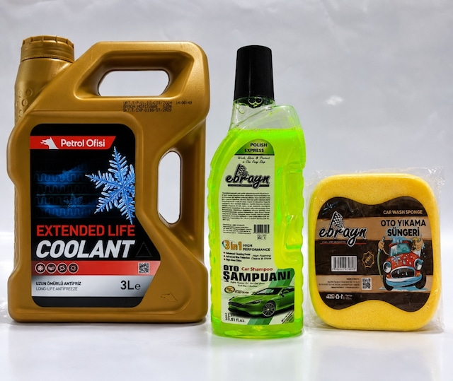 Petrol Ofisi Antifriz Extendet Life Coolant Organik 3 Litre + Oto Şampuan 1000 Ml + Yıkama Süngeri