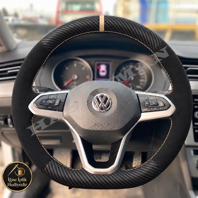 Volkswagen Id.3 Dikme Direksiyon Kılıfı Alcantara Süet Mat Karbon Bej Yüzük Ve Dikiş 2023-2026