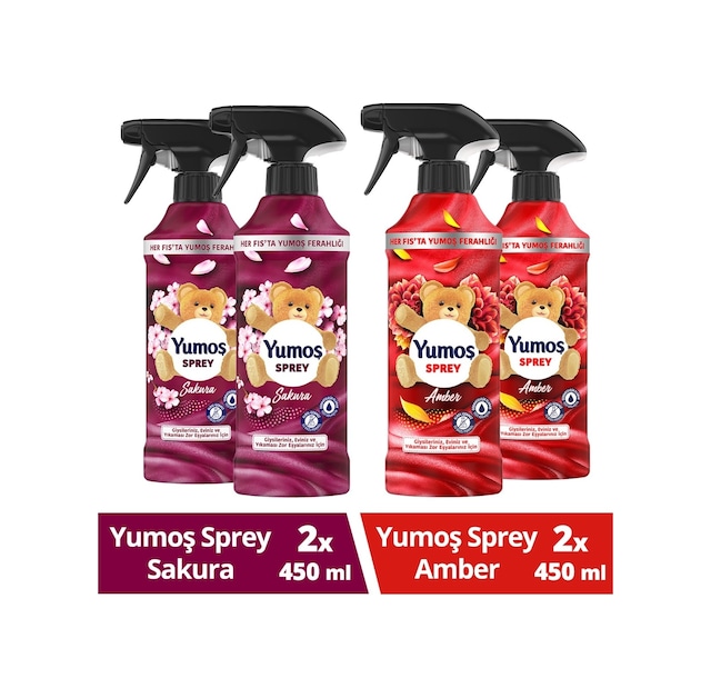 Yumoş Sprey Yıkanması Zor Eşyalar İçin Giysi Spreyi Sakura + Amber 4 x 450 ML