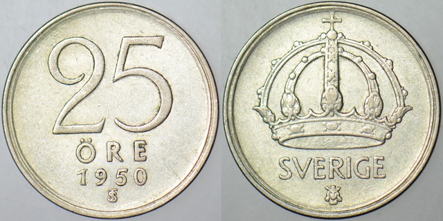 İsveç 25 Öre 1950 Gümüş 2,3 Gr.