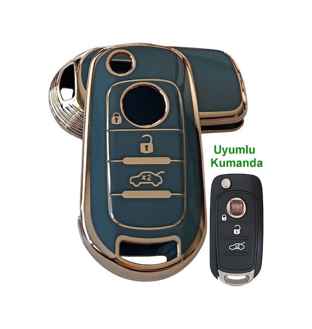 Fiat Egea Uyumlu Kumanda Anahar Kılıfı Oto Anahtarlık 3 Tuşlu Turkuaz Gold