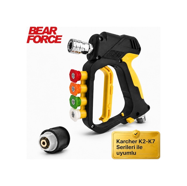 Robeve Bear Force Yüksek Basınçlı Yıkama Tabancası 345 Bar 5000 Psı 5 Li Nozul Seti 1/4 Quick Connect Kısa Yıkama Tabancası Oto Yıkama Tabancası Karcher K Serisi Uyumlu