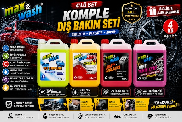 Max&wash 4'lü Komple Dış Bakım Seti 4x4 Kg Cilalı Oto Şampuan + Hızlı Cila + Lastik Parlatıcı + Jant Temizleyici Profesyonel Araç Bakım Seti