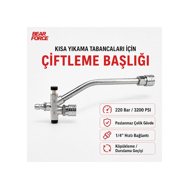 Robeve Bear Force Kısa Basınçlı Yıkama Tabancası Çiftleme Başlığı 1/4 Quick Plug Hızlı Bağlantı Köpük Aparatı Ve Durulama Geçiş Vanası Paslanmaz Çelik 220 Bar / 3200 Psı Basınç Dayanımı