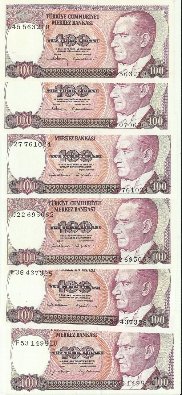 7. Ems A/b/c/d/e/f Serisi 6 Adet 100 Lira Çil