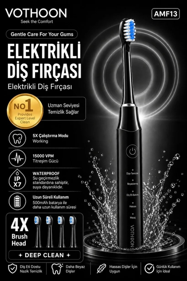 Magicool Şarjlı Diş Fırçası 15000 Vpm Titreşim Gücü, 500mah Batarya, 5 Temizlik Modu Siyah