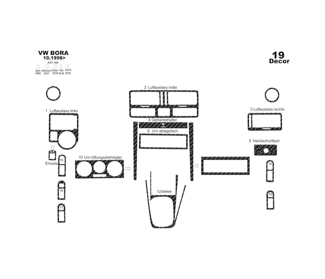 Volkswagen Bora Torpido Kaplama 1998-2008 19 Parça Karbon