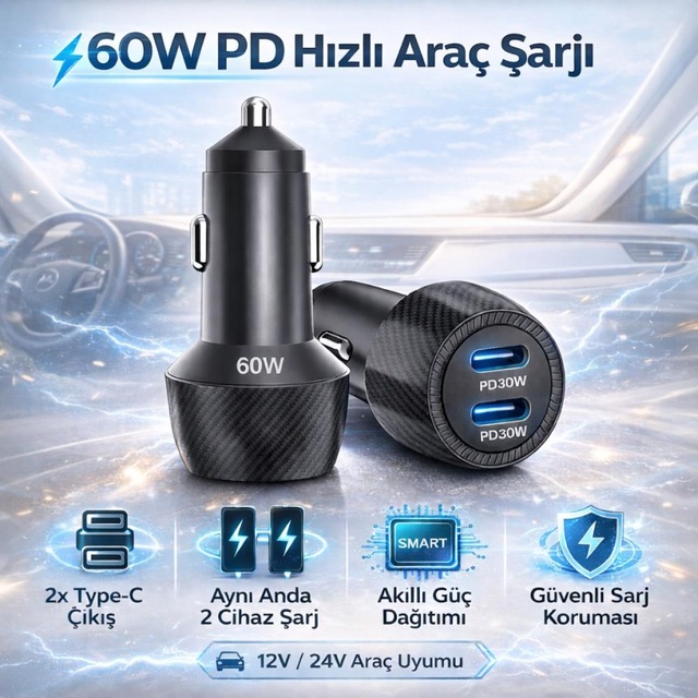 Coofbe Şarj Akım Korumalı 60w 2 Portlu Araç Şarj Aleti Araç Çakmaklık Şarj Aleti 2xtype-c Giriş 12v / 24v ' Siyah