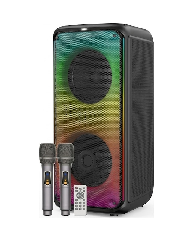 1908 Çift 8'' Bluetooth Karaoke Hoparlör -çift Kablosuz Mikrofonlu Kumandali Full Rgb İşikli Speaker Usb/aux/tf