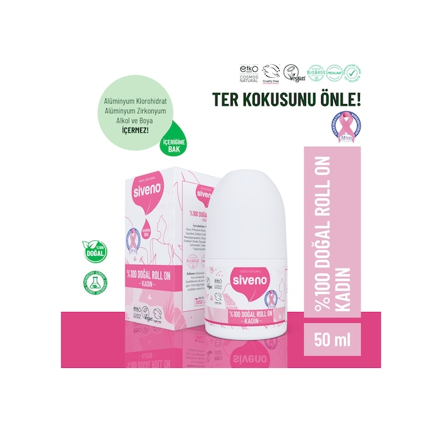 Siveno %100 Doğal Roll On Kadın Deodorant Ter Kokusu Önleyici Bitkisel Leke Bırakmayan Vegan 50 ML