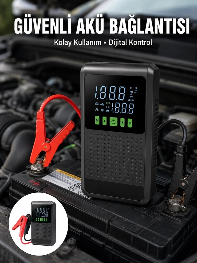 Ers 12.000 Mah Şarjlı Araç Akü Takviye Ve Işıklı Hava Kompresörü Yeni Nesil