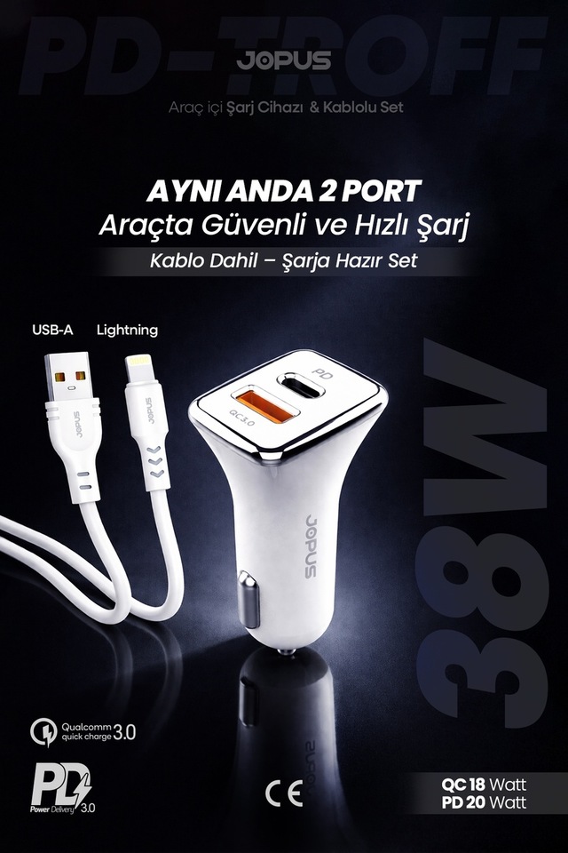 Jopus İphone Araç Şarj Aleti Çakmaklık Seti - Lightning + USB Girişli 38W JO-A7