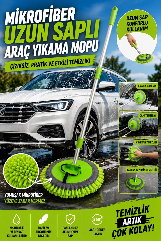 Mikrofiber Araç Yıkama Fırçası Uzun Saplı Oto Temizlik Mopu Yıkanabilir Başlık