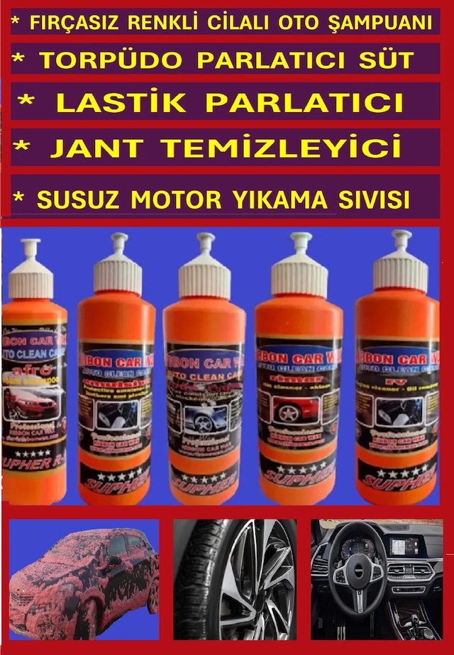 Fırçasız Cilalı Şampuanı+torpido Sütü+lastik Parlatıcı+jant Temizleyici+susuz Motor Yıkama 5 Liset