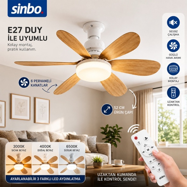 Büro Ev Ofis Serinliği İçin 52cm 6 Kanatlı Led Avise Tipi Tavan Vantilatörü