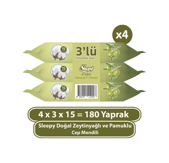 Sleepy Doğal Zeytinyağlı Ve Pamuklu Cep Mendili 4X3X15 (180 Yaprak)