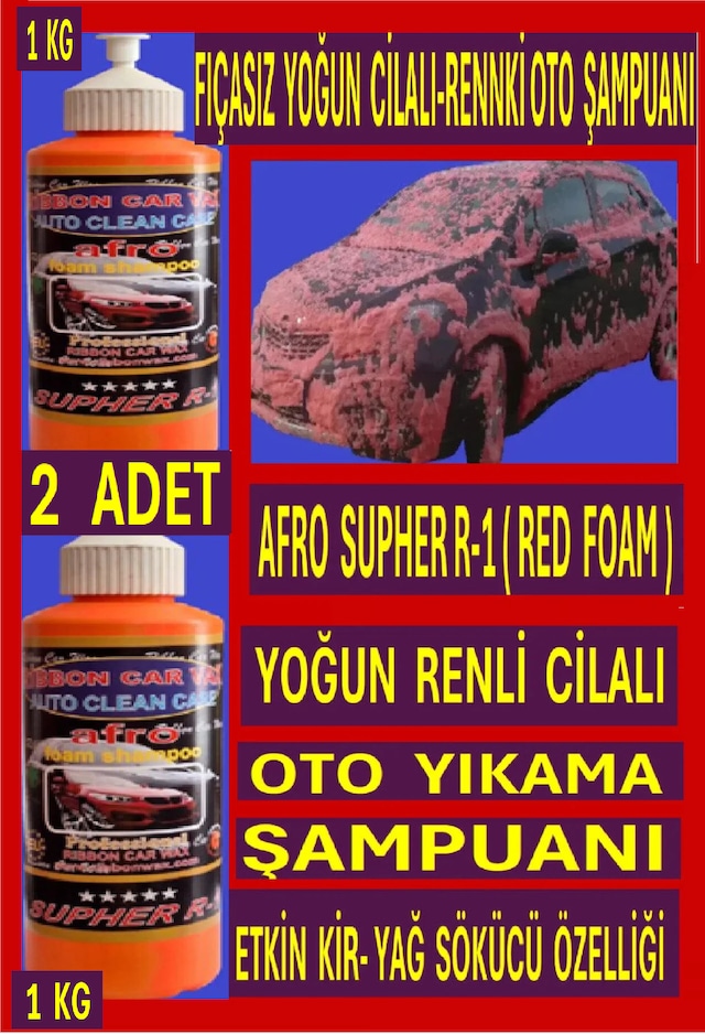 Afro Supher R-1 Fırçasız Yoğun Cilalı Renkli Oto Şampuanı Kırmızı Köpük 1 Kg 2 Adet