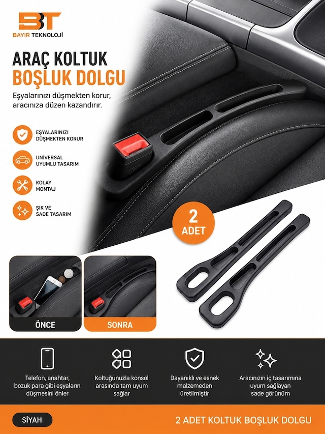 Koltuk Arası Boşluk Kapatma & Araç İçi Düzenleyici 2 Li Set Universal Oto Organizer Telefon Cüzdan