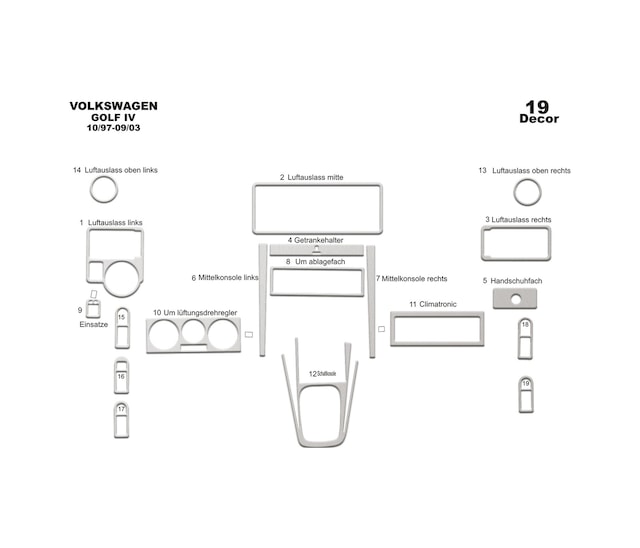 Volkswagen Golf 4 Torpido Kaplama 1997-2003 19 Parça Alüminyum