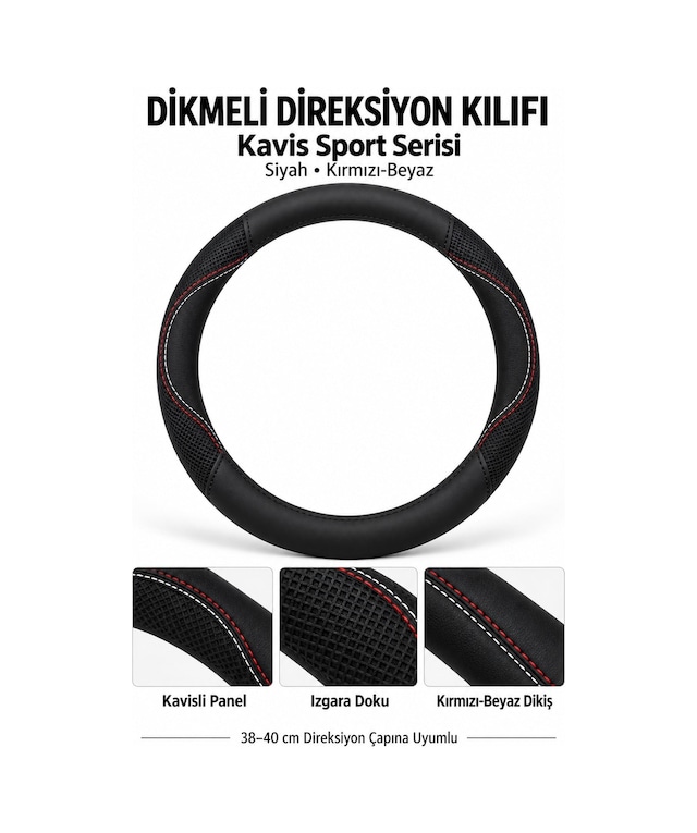 Trobus Universal 38-40 Cm Dikmeli Direksiyon Kılıfı Kavis Sport Siyah Kırmızı-beyaz