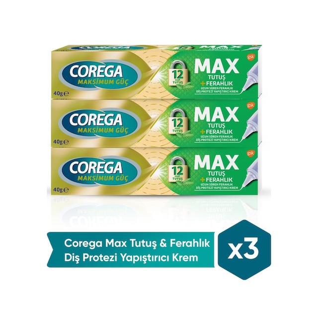 Corega Max Tutuş & Ferahlık Diş Protezi Yapıştırıcı Krem 40g x 3 Adet