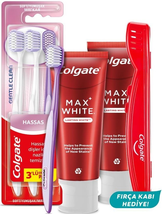 Max White Kalıcı Beyazlık 75 Ml 2li Diş Macunu, Gentle Clean 2+1 Diş Fırçası + Diş Fırçası Kabı