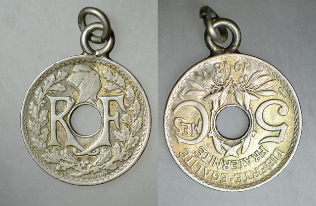 Fransa 5 Centimes 1918 Kulplu Kolye Ucu 19 Mm.