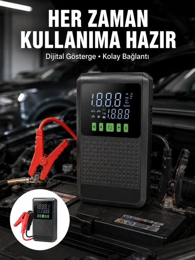 Ers Taşınabilir Araç Akü Şarj Takviye Cihazı 150 Psı Dijital Kompresör Yeni Nesil