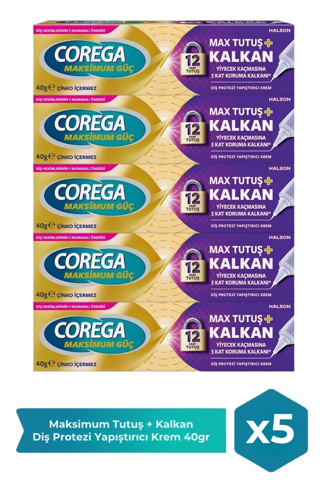 Corega Maksimum Tutuş + Kalkan Diş Protez Yapıştırıcı Krem 40 Gr X 5 Adet