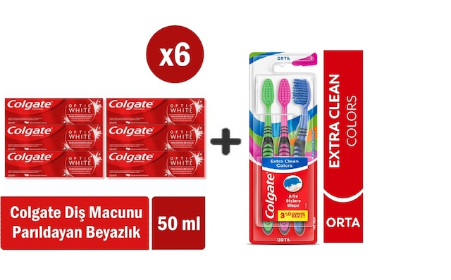 Colgate Optic White Parıldayan Beyazlık 50 Ml X 6 Adet + Extra Clean Colors Diş Fırçası 3lü Beyazlık