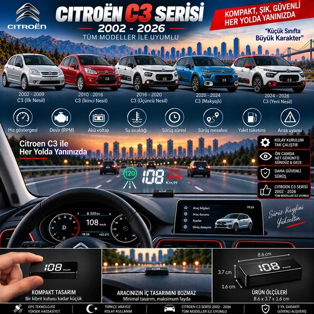 Citroën C3 2002-2026 Modeller İçin Head Up Display Hayalet Gösterge Ekranı Ön Cam Hız Göstergesi