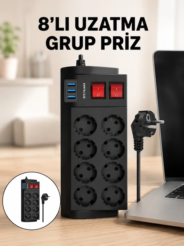 Ers Termal Korumalı 8 Prizli 3 Usb Li Uzatma Kablosu Yeni Nesil
